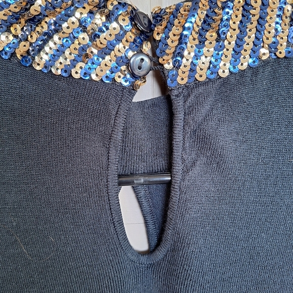 Venus Blue/Gold Sequin Collar Sweater SzL Long Sleeve Smooth Knit Classic - Picture 8 of 12